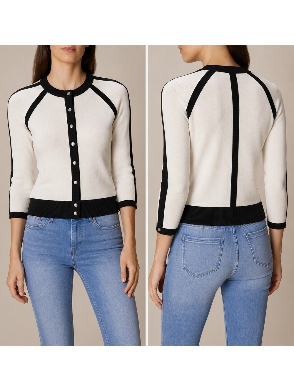 Karen Millen Womens 3 Medium Colorblock Cardigan Sweater Snap Button Ivory Black